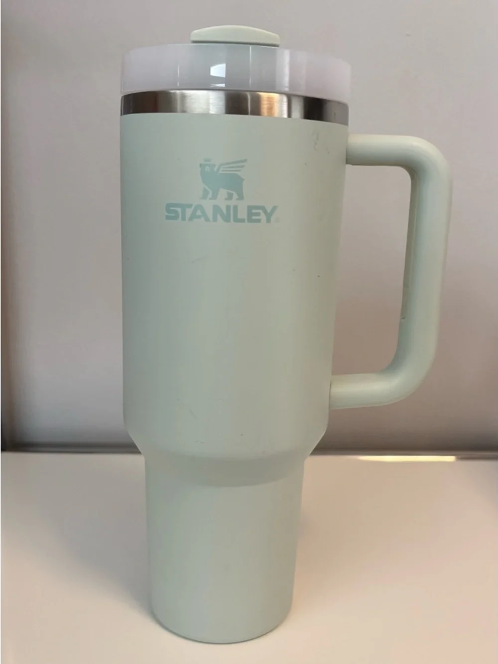 One Stanley Mint Green Travel Tumbler with Handle one grey blue Stanley Tumbler - Picture 2 of 11